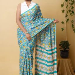 Unnati Silks Blue Cotton Printed Saree With Unstitched Blouse-image-77