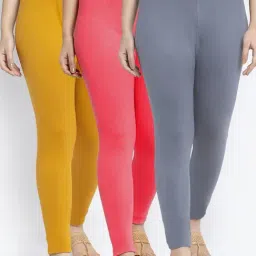 Gracit Grey & Peach Mid Rise Leggings - Pack Of 3-image-91