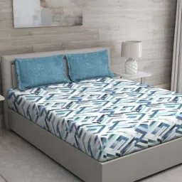 GM 'Matthiola' Blue Cotton 150 TC Double Bedsheet with 2 Pillow Covers-image-94