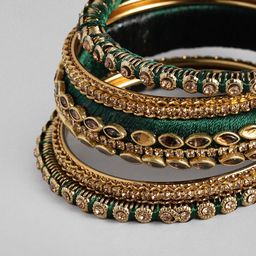 Peora Set of 10 Green Handcrafted Silk Thread Kundan Studded Chuda Bangles image 5