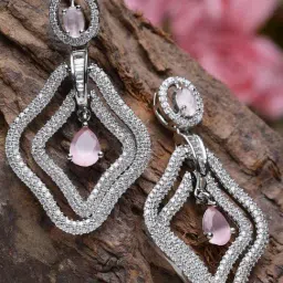 Zeneme Rhodium Plated Pink AD Studded Contemporary Drop Earrings-image-83