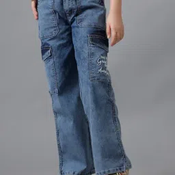 Under Fourteen Only Girls Blue Cotton Embroidered Jeans-image-36