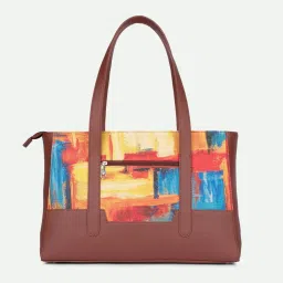 ZOUK Brown & Yellow Printed Tote Handbag With Pouch image 2