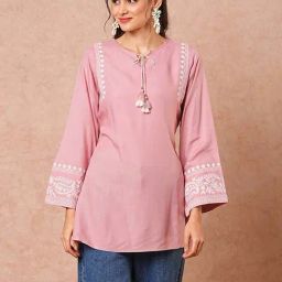 Fashor Pink Embroidered A Line Short Kurti-image-32