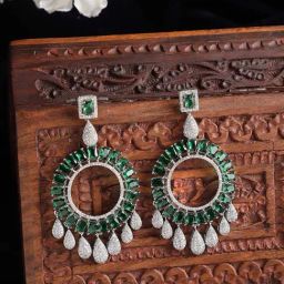 Zeneme Rhodium Plated Silver Toned Green AD Dangler Earrings-picture-7