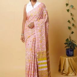 Unnati Silks Pink & Yellow Cotton Printed Saree With Unstitched Blouse-image-62
