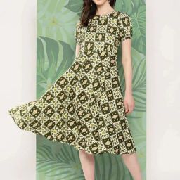 Inweave Green Printed A-Line Dress-image-20