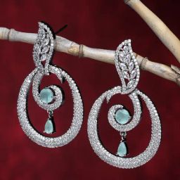 Zeneme Rhodium Plated Green AD Studded Oval Shaped Drop Earrings-33