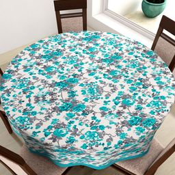 SWAYAM Blue Round Floral Print 72" Cotton Table Cloth-57