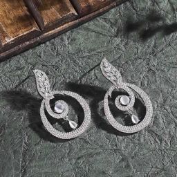 Zeneme Rhodium Plated Grey AD Studded Oval Shaped Drop Earrings-34
