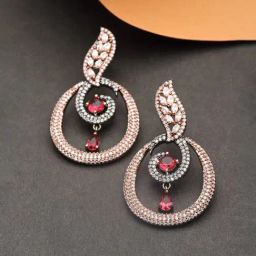 Zeneme Rose Gold Gunmetal Red AD Studded Oval Shaped Drop Earrings-image-85