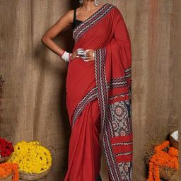 Unnati Silks Red Pure Cotton Printed Saree With Unstitched Blouse-image-74