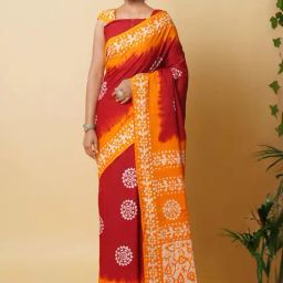 Unnati Silks Red & Orange Cotton Printed Saree With Unstitched Blouse-image-79