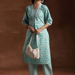 Libas Green Cotton Printed Kurta Palazzo Set-image-91