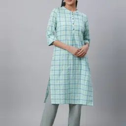Aurelia Blue Cotton Chequered Straight Kurta-picture-4