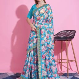 Saree Mall Turquoise Embellished Sarees With Unstitched Blouse-image-80