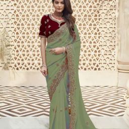 Odette Green Georgette Embroidered Saree With Unstitched Blouse-picture-12
