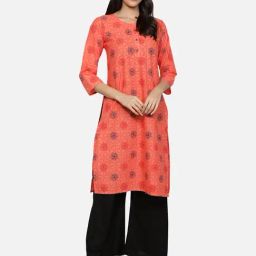 Fabclub Peach Cotton Printed Straight Kurta-image-11