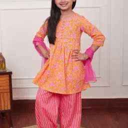 Campana Girls Orange and Pink Cotton Flared Fit Kurti with Salwar and Dupatta Set-image-72