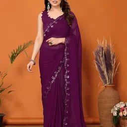 Odette Women Purple Georgette Mirror Work Saree With Unstitched Blouse-image-53