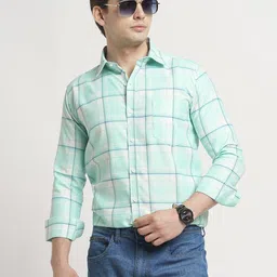 TRYBUY.IN Men Standard Spread Collar Windowpane Checked Cotton Casual Shirt-image-47