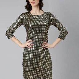 SHOWOFF Gold Knitted Checks A Line Dress-image-32