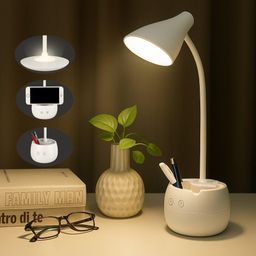 SaleOn Rechargeable Desk Lamp with 3 Color Light Modes, Dual LED Touch Sensor, Dimmable Eye Care Study Light with Phone & Pen Holder, Flexible Gooseneck, USB Charging, White image 1