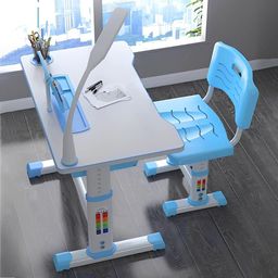 SYGA Kids Height Adjustable Desk and Chair Set Study Table Writing Desk with Eye Protection Lamp Bookshelf (70CM Upgraded Blue) image 4