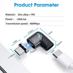 Verilux® Type C Adapter Right Angle Magnetic 90 Degree USB C Adapter Type C Connector with PD 120W Fast Charge, 480Mbps Data Transfer for MacBook Pro/Air and USB C Smartphone, Laptop, Tablet Black image 5