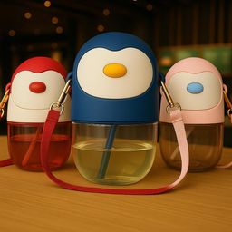 BADAL KIDZ Penguin Sippy Cup with Straw, 520ml | Cute Water Bottle with Adjustable Strap for Toddlers (Blue) image 4