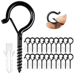 HASTHIP Plastic 20Pcs Screw Wall Hooks For Outdoor String Lights, Outdoor Hooks For Light Eye Hooks Screw-In Cup Hooks Ceiling Hooks With Safety Buckles, Hanging Hooks For Plants Pot (Black) image 1