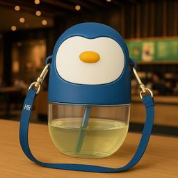 BADAL KIDZ Penguin Sippy Cup with Straw, 520ml | Cute Water Bottle with Adjustable Strap for Toddlers (Blue) image 1