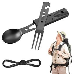 proberos Proberos® Camping Fork Spoon,Multi-in-one Camping Fork Spoon with Serrated Cutter,Bottle Opener & Easy Wrench Multi Tool with Sheath Handle Intergrated Whistle on Sheath Outdoor Gadget image 1