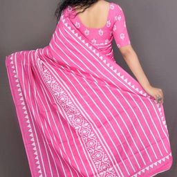 kiaaron Women's Ikat Hand Block Print Jaipuri Cotton Mulmul Saree with Blouse Piece image 4