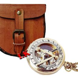 generic 2" Brass Sundial Compass Push Button Nautical Push-Button Navigation with Leather case image 2