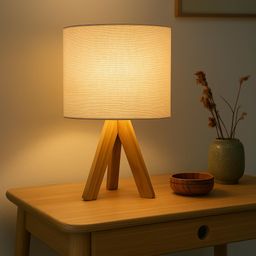 Modern Teak Tripod Table Lamp with Wooden Base and White Fabric Shade, Bedside Desk Light for Living Room I Bedside Lamp for Night/Study Lamp I Size 16.75 in x 8.6 in image 1