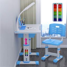 SYGA Kids Height Adjustable Desk and Chair Set Study Table Writing Desk with Eye Protection Lamp Bookshelf (70CM Upgraded Blue) image 3