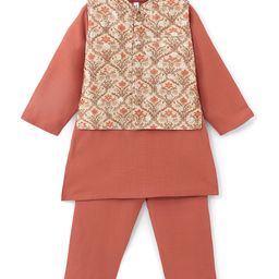 Babyhug Cotton Woven Full Sleeves Kurta & Pajama Set with Jacket Floral Print - Coral & Beige-image-51