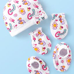 Babyhug Interlock 100% Cotton Knit Cap Mittens & Booties Set Butterfly & Caterpillar Print - White-image-86