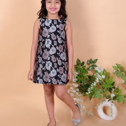 KIDSDEW Sleeveless Floral Designed A Line Jacquard Party Dress - Black-image-4