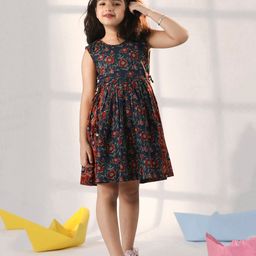 Vastramay Sleeveless Floral Theme Printed Dress - Navy Blue & Rust Red-image-75