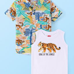 Babyhug Cotton Knit Half Sleeves Safari Theme Printed Shirt With Inner Tee - Teal Green-image-2
