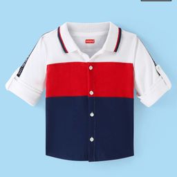 Babyhug Cotton Knit Full Sleeves Rib Collar Solid Colour Block Shirt - White Red & Navy-image-97