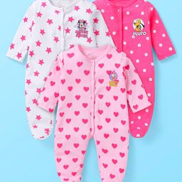 Babyhug Disney Interlock Knit Full Sleeves Sleep Suits With Minnie Mouse & Friends Graphics - White Pink & Dark Pink-image-75