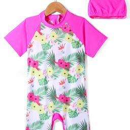 Kookie Kids Half Raglan Sleeves Legged Swimsuit with Cap & Floral Print - Pink-image-27