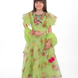 Babyhug Woven Flutter Sleeves Organza Choli Lehenga & Dupatta Set Floral Print & Embroidery - Lime-image-7