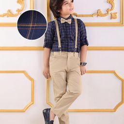 Mark & Mia Full Sleeves Checkered Shirt & Trouser Set with Bow & Suspender - Navy Blue-image-21