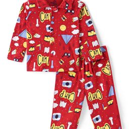 Doodle Poodle 100% Cotton Knit Full Sleeves Front Open Night Suit with With Text Print - Red-image-19