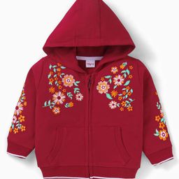 Babyhug Cotton Knit Full Sleeves Hooded Sweatjacket with Floral Embroidery & Kangaroo Pockets - Red-image-73