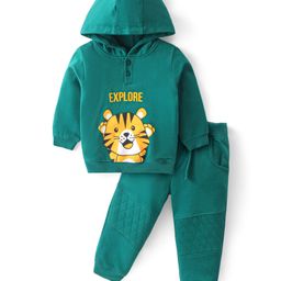 Babyhug Cotton Knit Full Sleeves Hooded T-Shirt & Lounge Pants Set With Tiger Print - Teal Blue-image-97